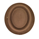 Cappuccino Montique pork pie straw hat top view showing flat crown shape, woven texture, and structured brim