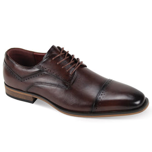 Brown Genuine Leather Cap Toe Lace-Up Dress Shoes with Brogue Detailing