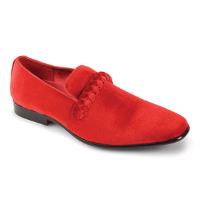 Vignus Collection: Men's Velvet Plain Toe Smoker Shoes with Braided Strap in Red