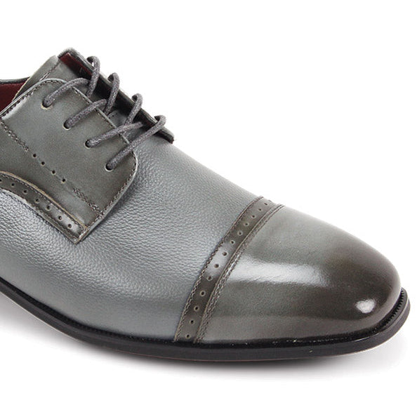 Grey leather dress shoes side view cap toe design