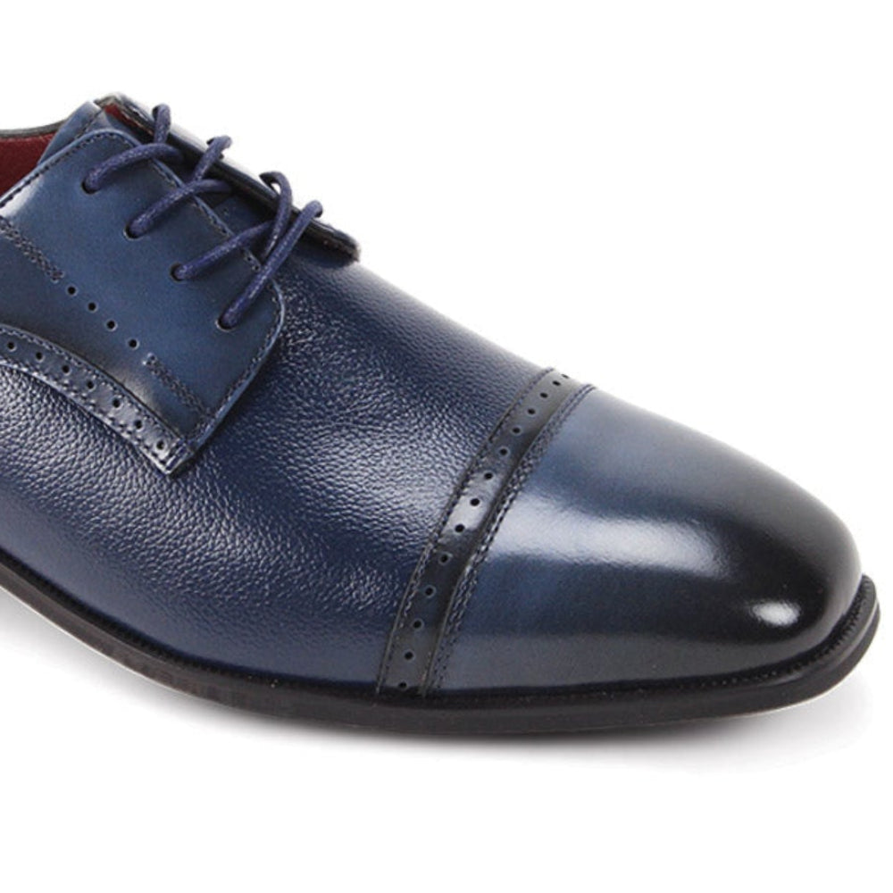 navy leather dress shoes side view cap toe design
