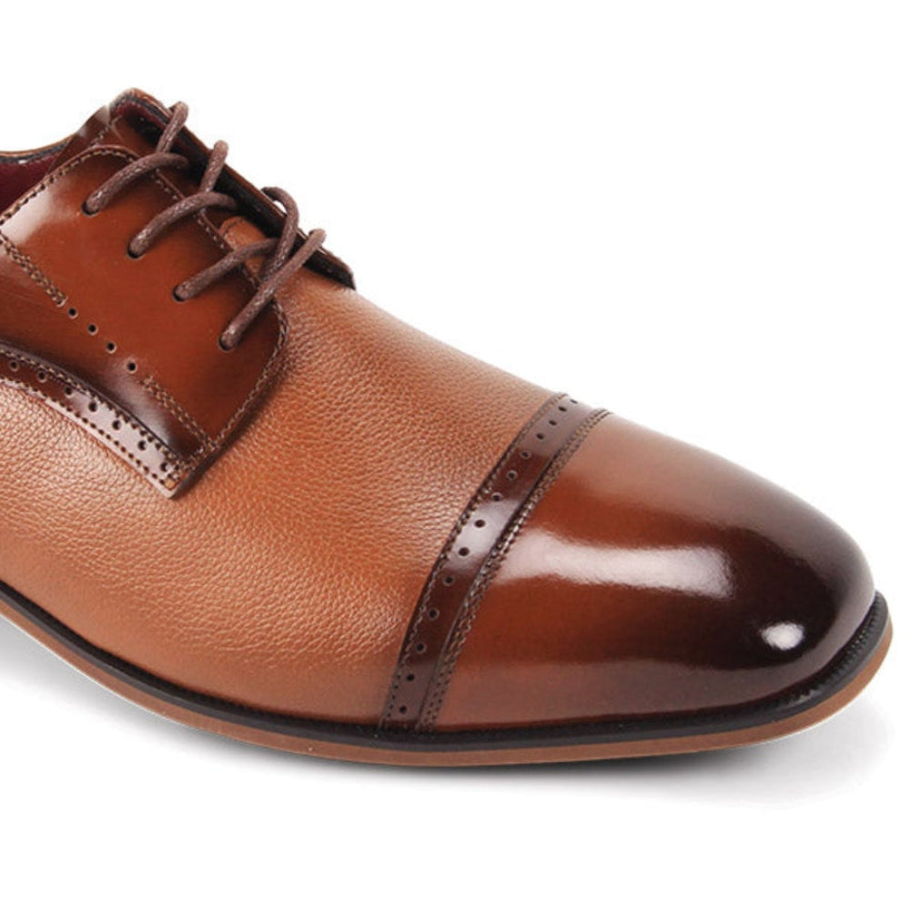 tan leather dress shoes side view cap toe design