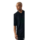 men’s black textured knit button-down short sleeve shirt front view