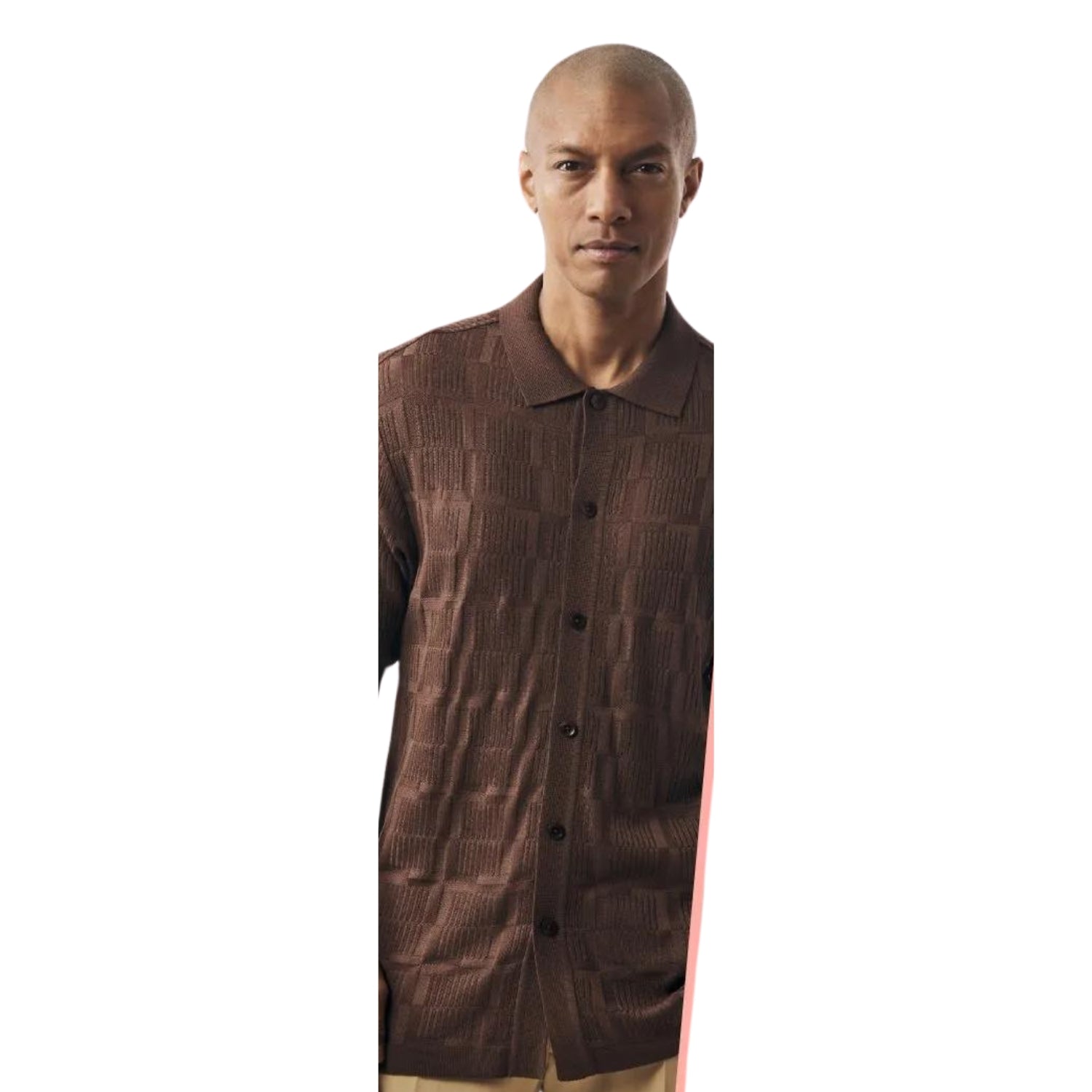 Men’s Brown Textured Knit Button-Down Shirt LARGE