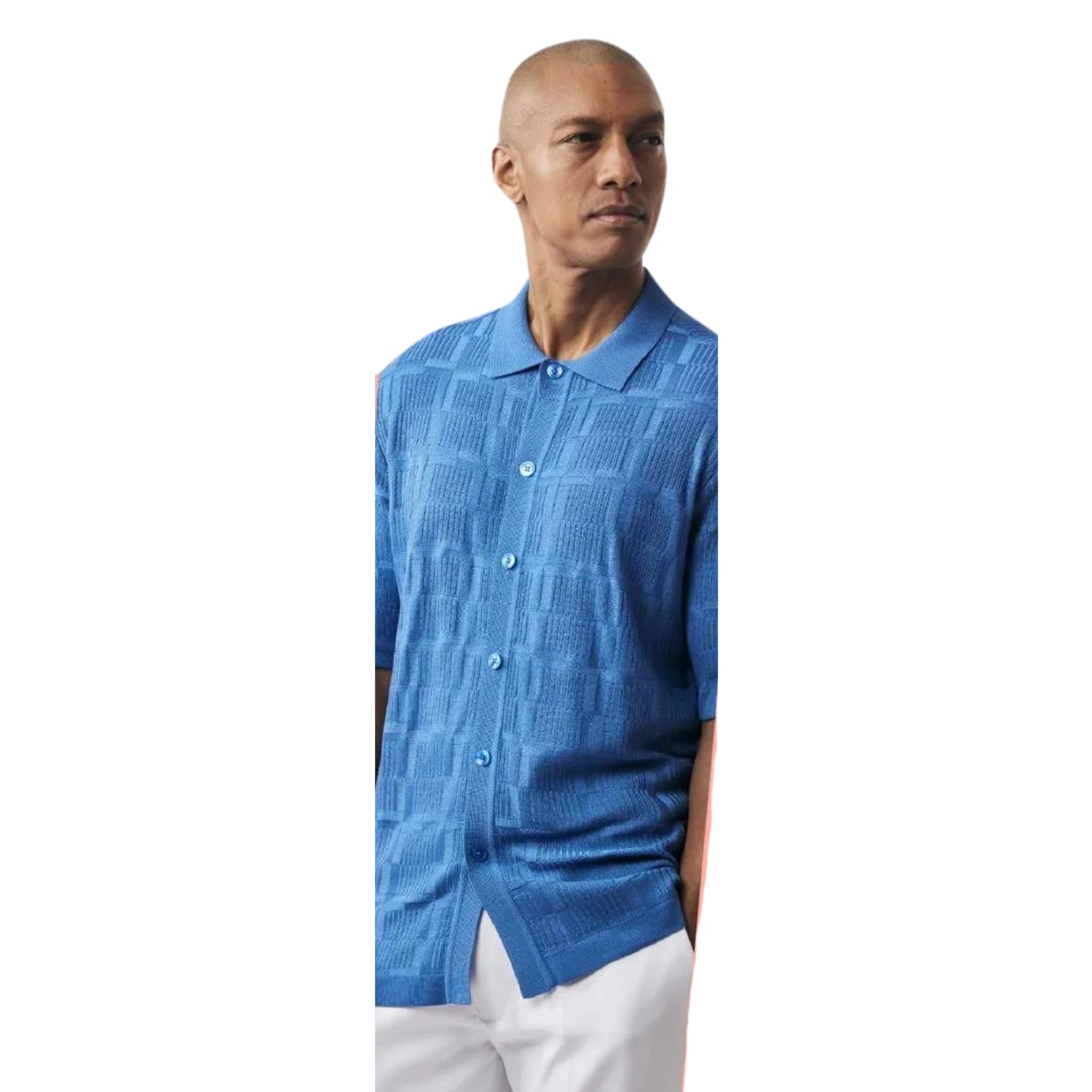 Men’s Denim Blue Textured Knit Button-Down Shirt 2X-LARGE