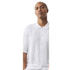 men’s white textured knit button-down short sleeve shirt front view