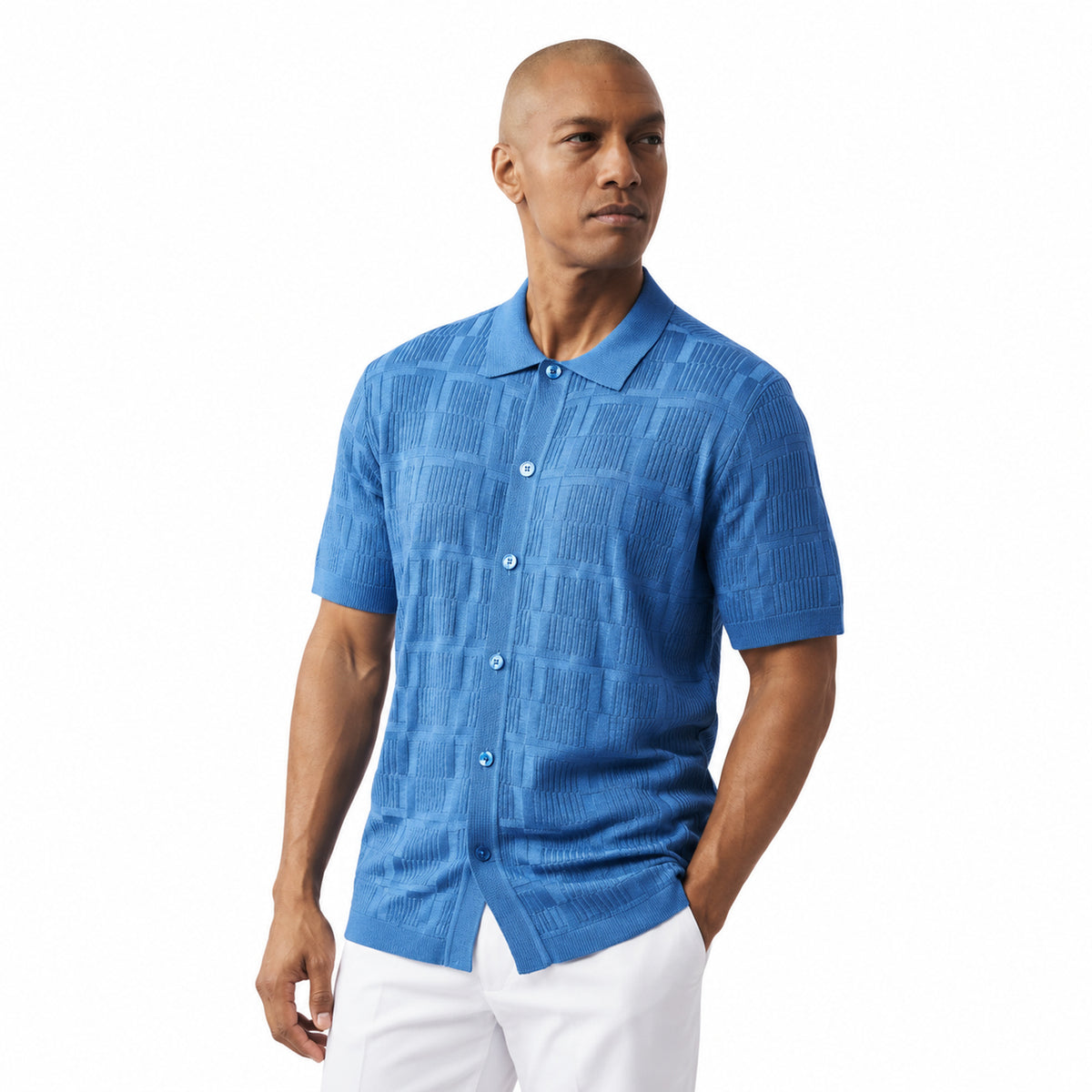 men’s denim blue textured knit button-down short sleeve shirt front view