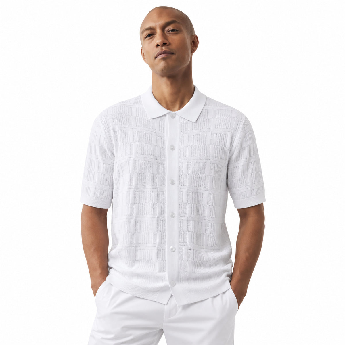 men’s white textured knit button-down short sleeve shirt front view