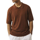 chestnut brown see-thru fancy woven knit polo shirt front view