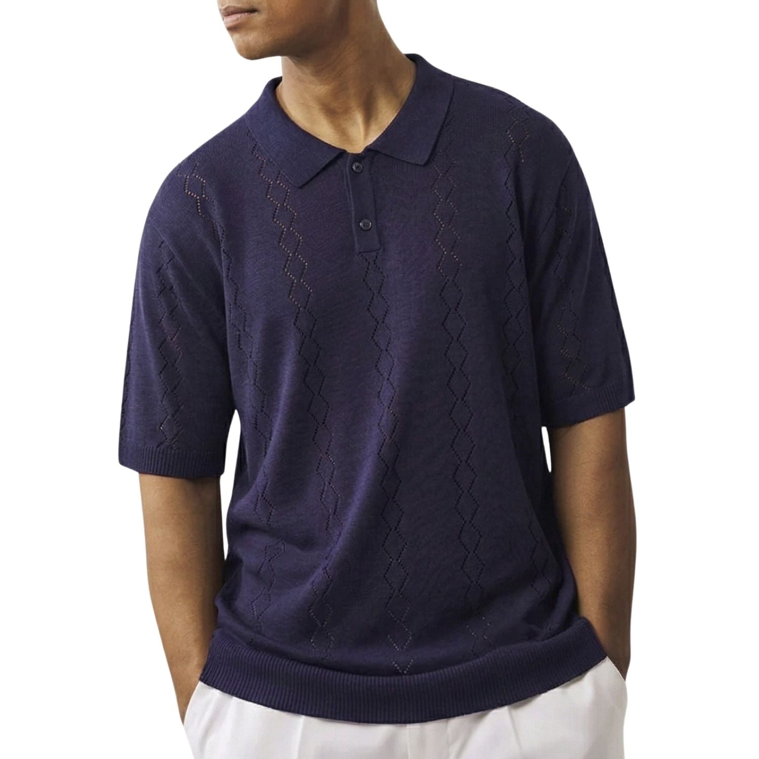 navy see-thru fancy woven knit polo shirt front view