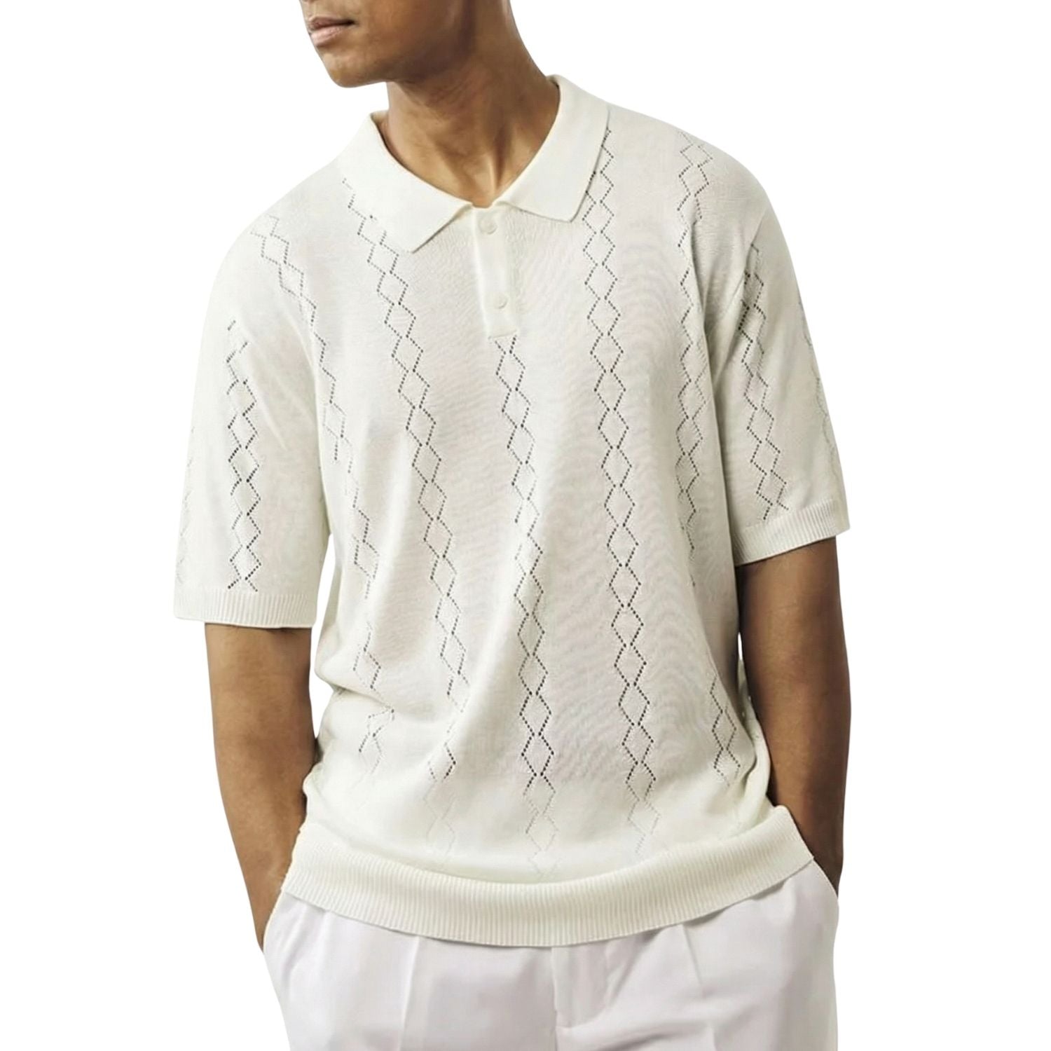 Stacy Adams white see-thru fancy woven knit polo shirt front view