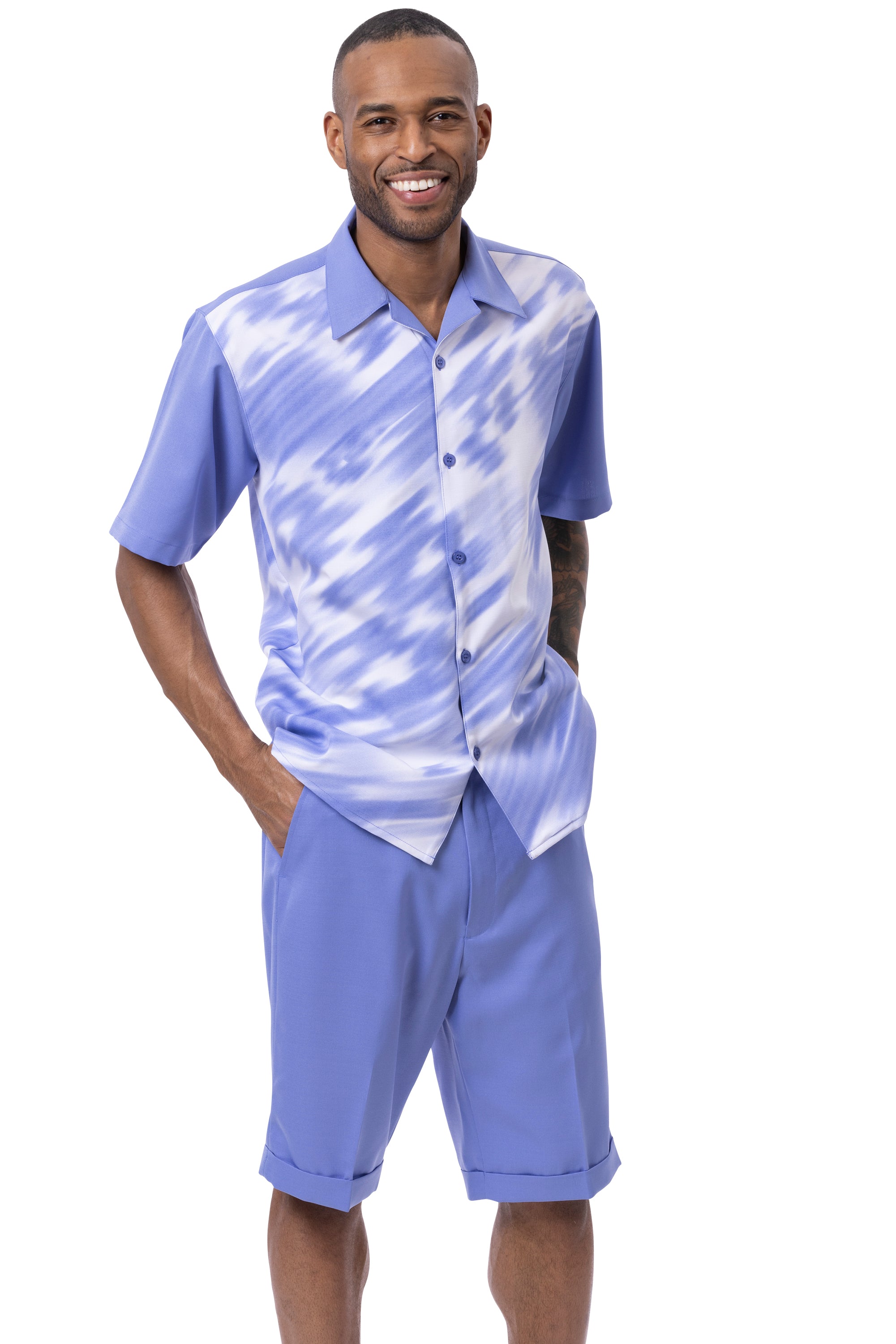Men's blue patterned shorts set with classic fit summer outfit styling