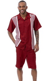Montique Burgundy Checker Plaid Color Block 2-Piece Short Sleeve Walking Suit Shorts Set