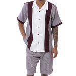 Houndour Collection: Men's Houndstooth with Color Block Walking Suit Shorts Set in Wine