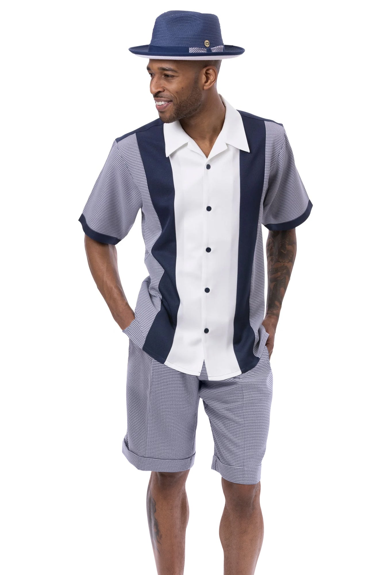Men's Navy Houndstooth Shorts Walking Suit Set – Suits & More