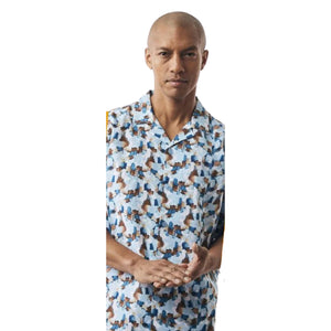 Abstract Watercolor Print Linen Button-Down Shirt in Blue