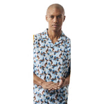 Abstract Watercolor Print Linen Button-Down Shirt in Blue