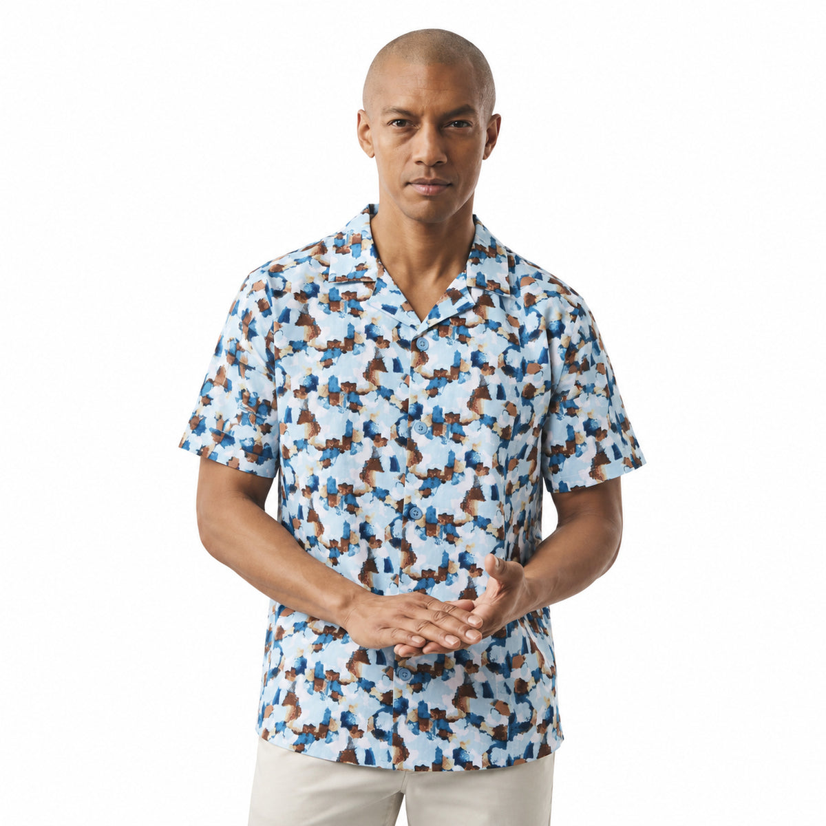 men’s blue abstract watercolor print linen button-down shirt by Stacy Adams