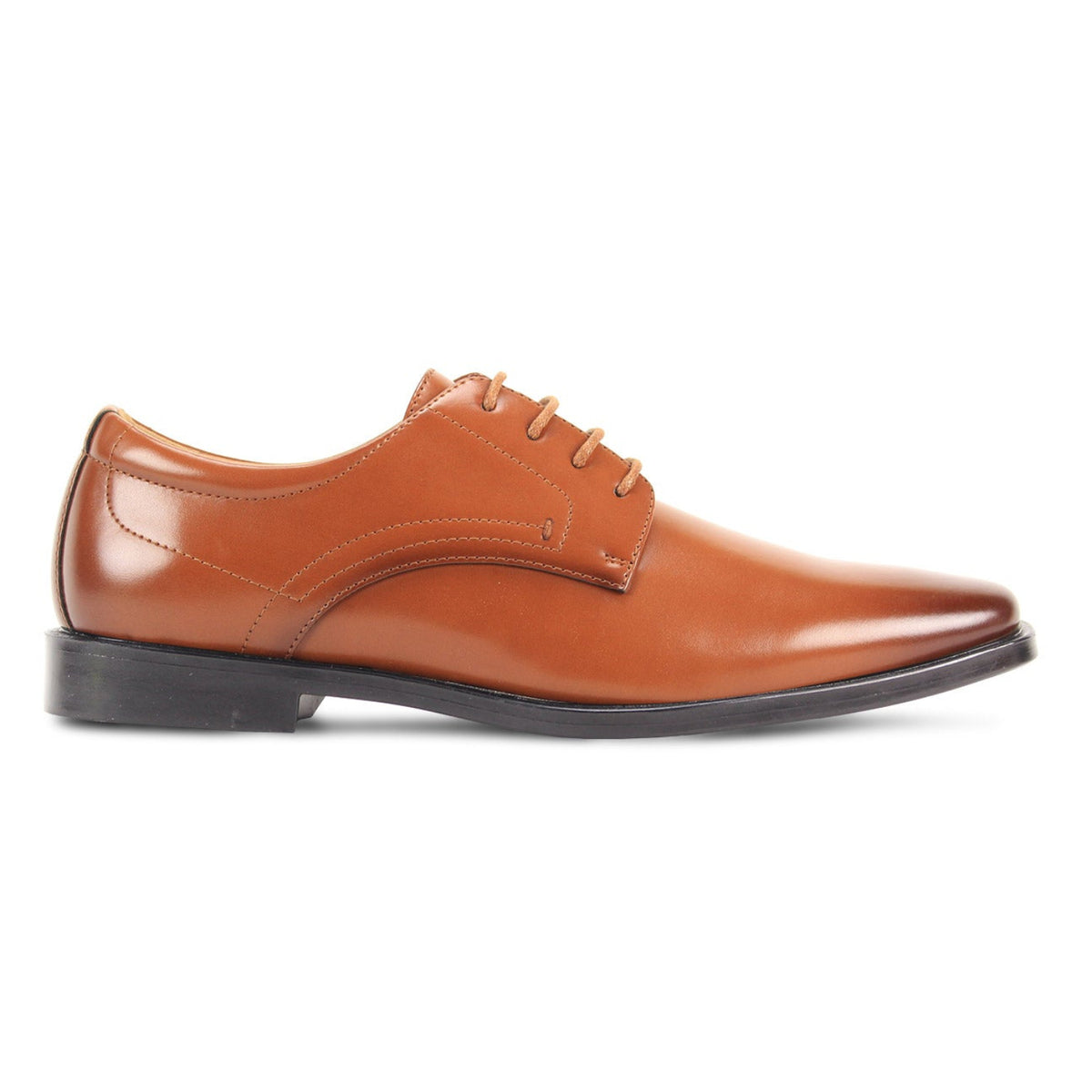 Side view of men’s cognac plain-toe dress shoe