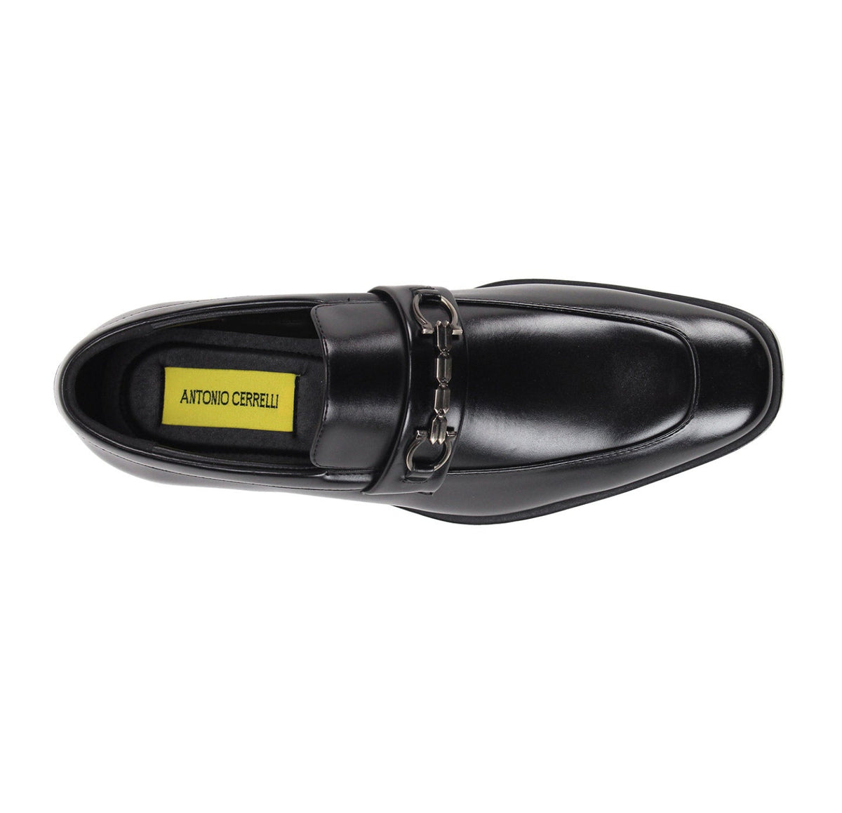Top view of men’s black slip-on loafer showing the vamp strap and interior