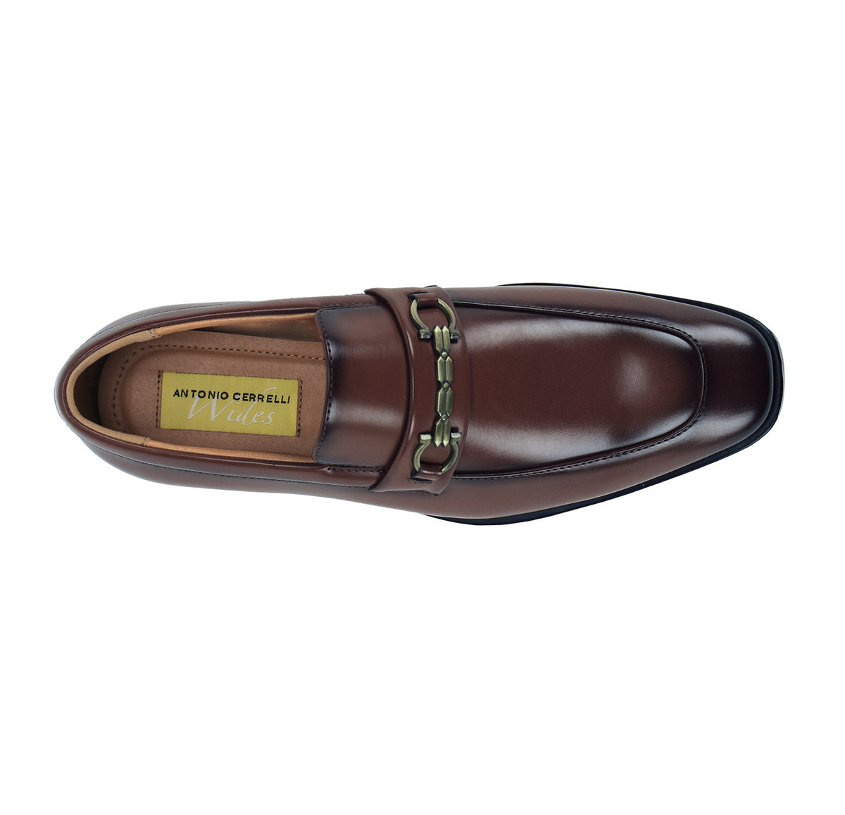 Top view of men’s brown slip-on loafer showing the vamp strap and interior