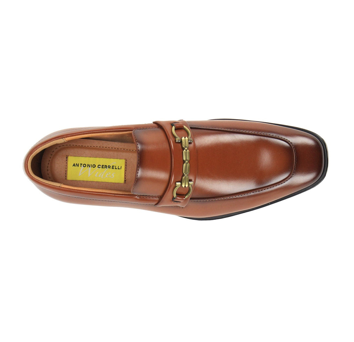 Top view of men’s cognac slip-on loafer showing the vamp strap and interior