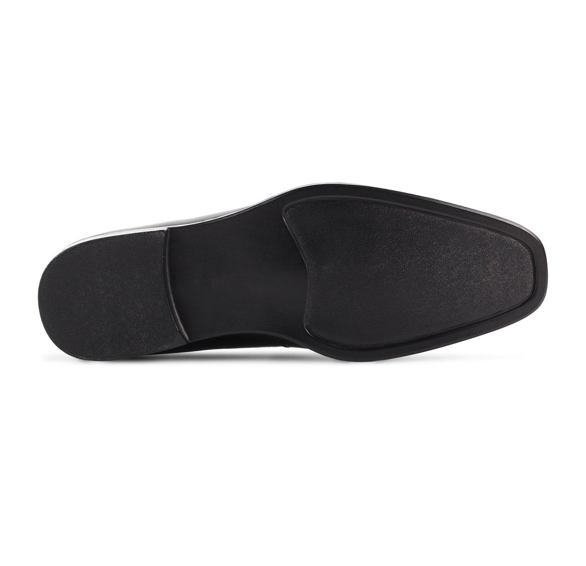 Bottom view of the outsole on men’s black slip-on dress loafer, style 8001