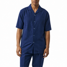 man wearing navy fancy linen jacquard front 2-piece short sleeve set by Stacy Adams