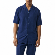 Men's Navy Fancy Linen Jacquard Front 2-Piece Short Sleeve Set by Stacy Adams