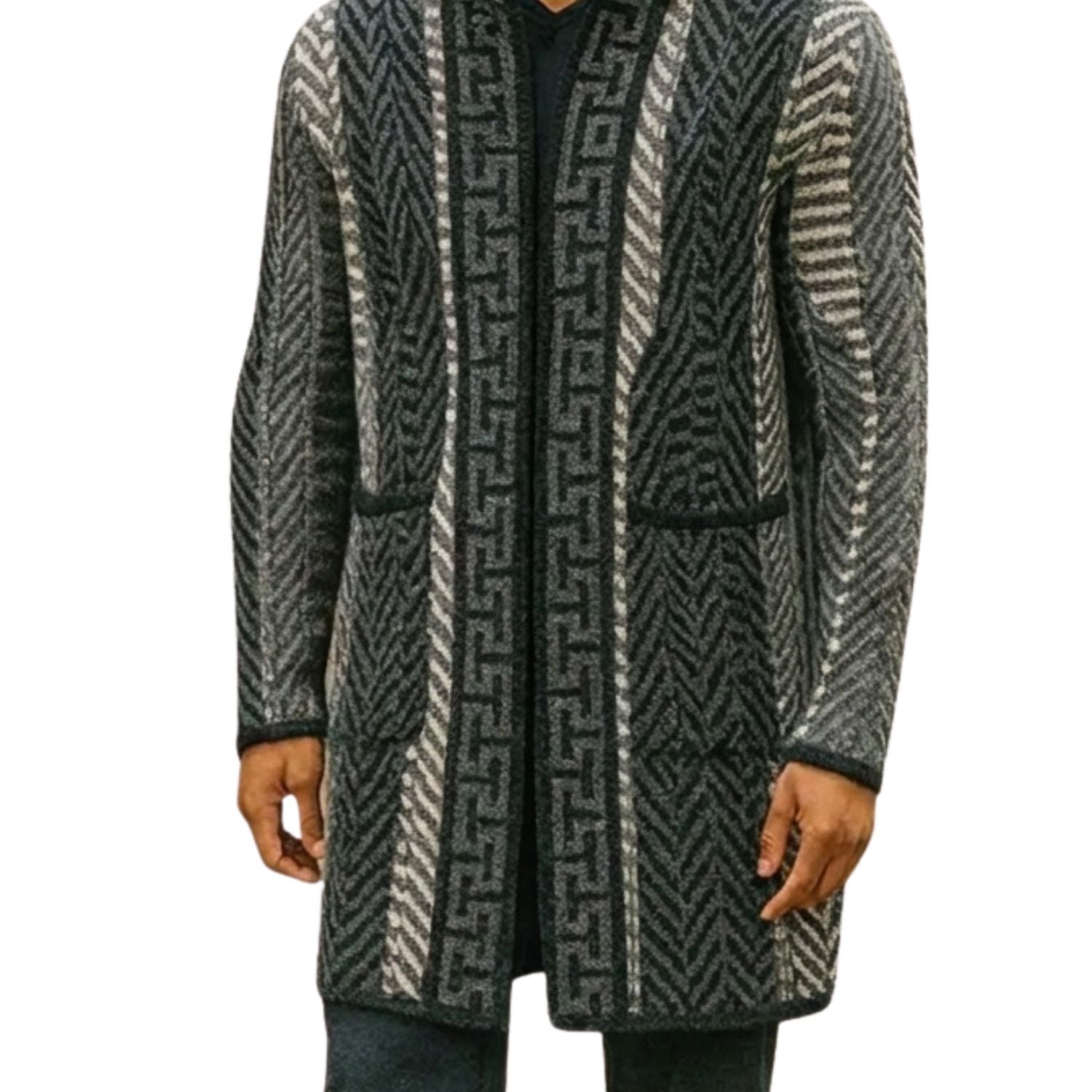 black hooded knit jacket sweater 3 quarter length full outfit view
