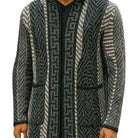black knit jacket sweater greek key pattern close up