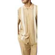 Vardos Collection: Men's Khaki 2-Piece Short Sleeve Set with Vertical Textured Stripes