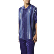 Vardos Collection: Men's Navy 2-Piece Short Sleeve Set with Vertical Textured Stripes