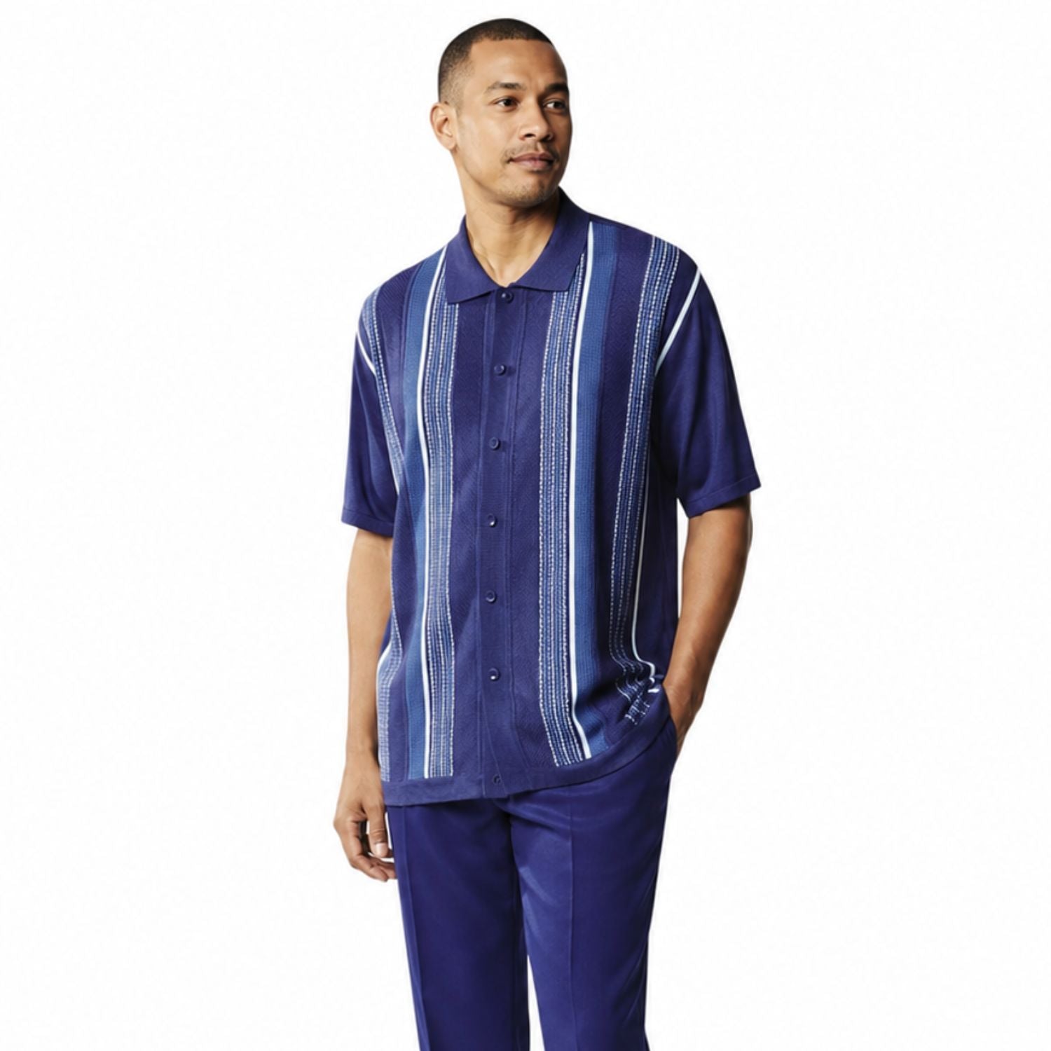 navy vertical stripe short sleeve walking suit set