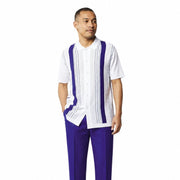 Royal Blue Vertical Textured Stripe Short Sleeve Walking Suit