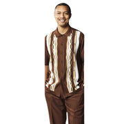 Men’s 2 Piece Short Sleeve Set with Vertical Geometric Stripes - Brown