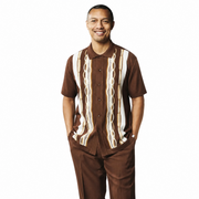 Men’s 2 Piece Short Sleeve Set with Vertical Geometric Stripes - Brown
