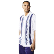 Men’s 2 Piece Short Sleeve Set with Vertical Geometric Stripes - Navy