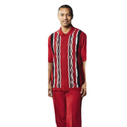 Men’s 2 Piece Short Sleeve Set with Vertical Geometric Stripes - Red
