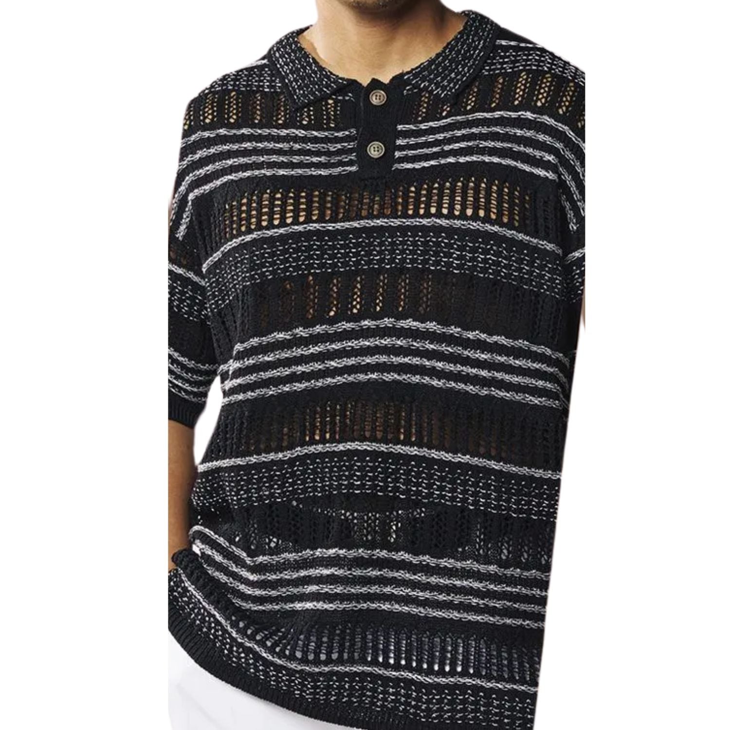 close up of black crochet knit shirt texture and stripe detailing