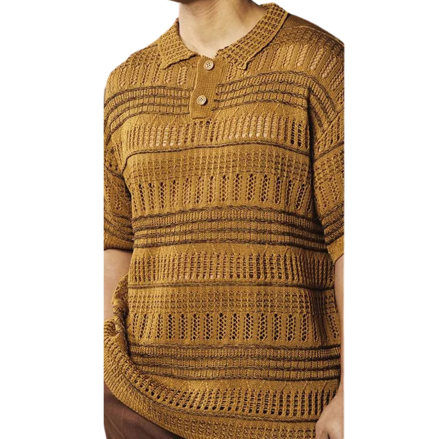 close up of tan crochet knit shirt texture and stripe detailing