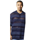 stacy adams midnight blue fancy crochet short sleeve shirt with stripe accents