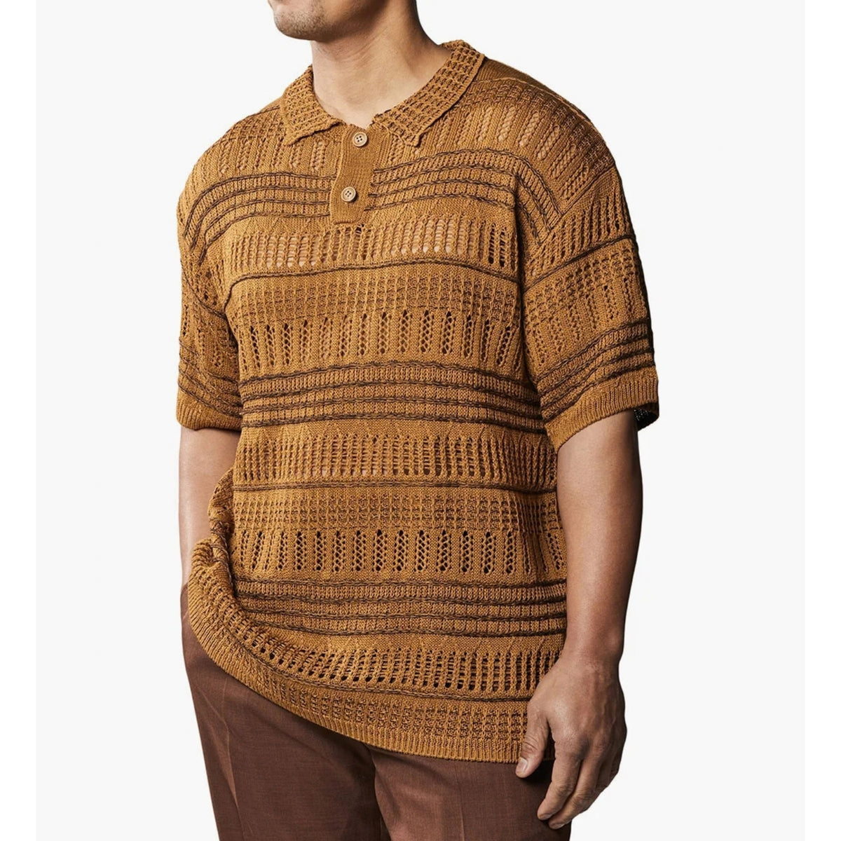 stacy adams tan fancy crochet short sleeve shirt with stripe accents