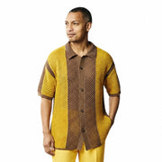 Men’s Brown & Gold Color Block Crochet Knit Shirt
