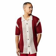 Men’s Red & White Color Block Crochet Knit Shirt
