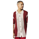 men’s red and white color block crochet knit shirt front view