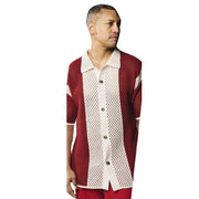 Men’s Red & White Color Block Crochet Knit Shirt