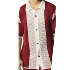 close up of red and white crochet knit shirt texture and button front