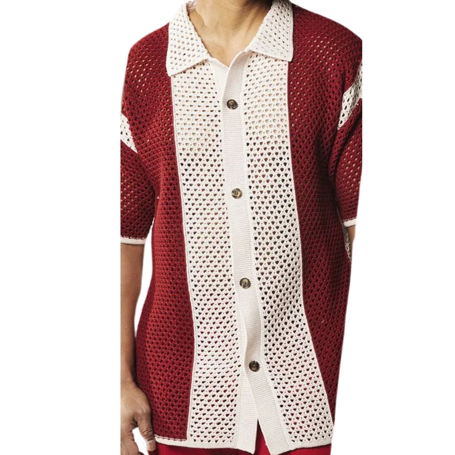 close up of red and white crochet knit shirt texture and button front