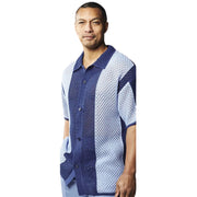Men’s Navy & Sky Blue Color Block Crochet Knit Shirt